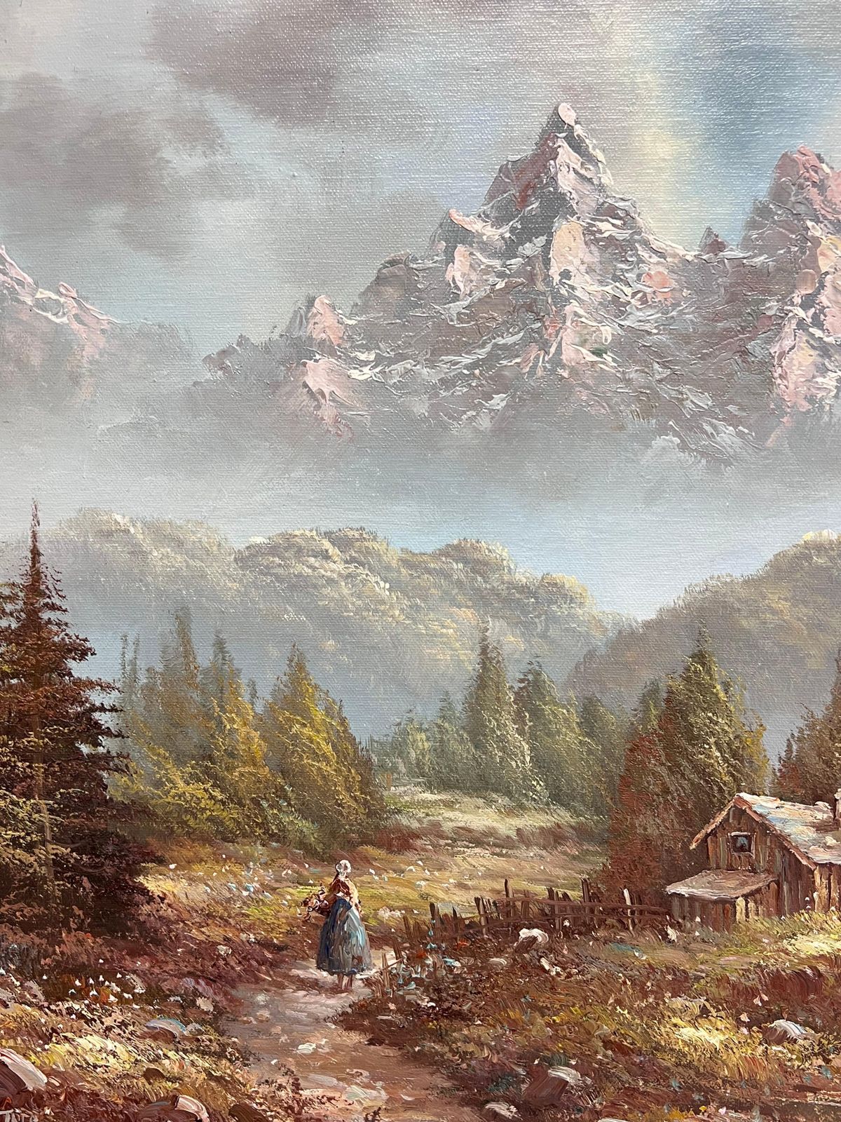 Italian Artistlarge Italian Alpine Mountain Scene Snow Capped Mountains Signed Oil Painting photo buy