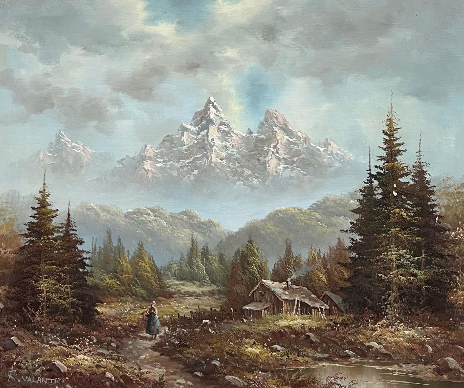 916.0 Italian Artistlarge Italian Alpine Mountain Scene Snow Capped Mountains Signed Oil Painting photo