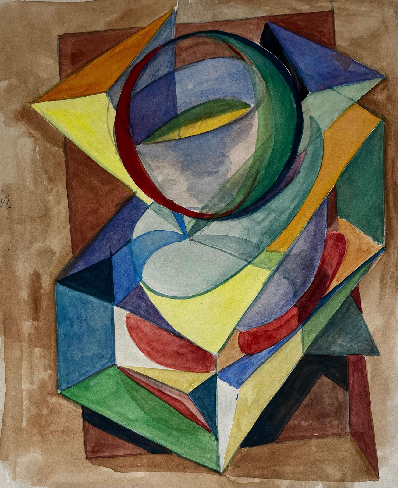Guy Nicodgeometric Abstract Composition With Spherical Form French Modernist Watercolour