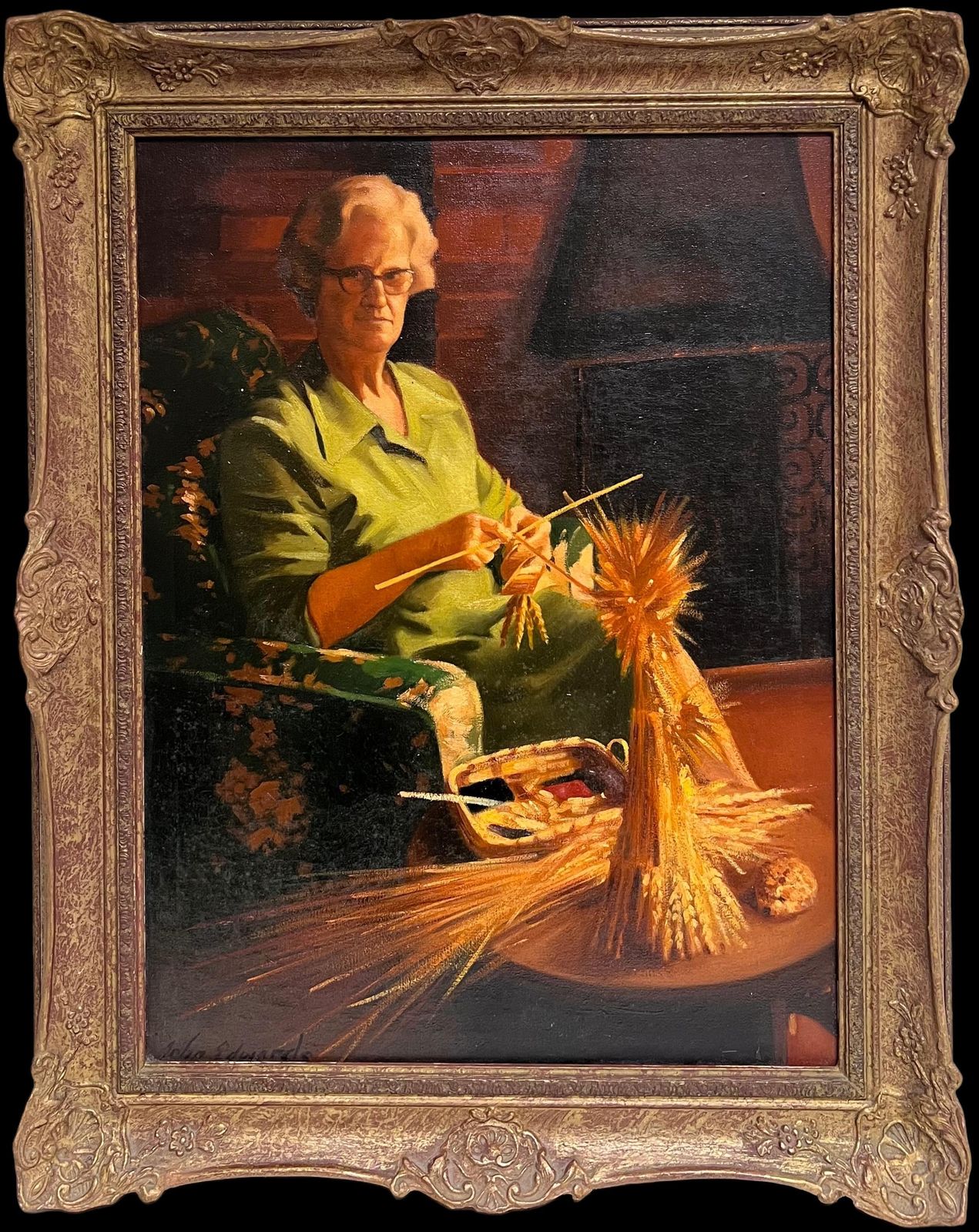 John Edwardstraditional English Oil Painting Rural Crafts Portrait Women Knitting & Wheat