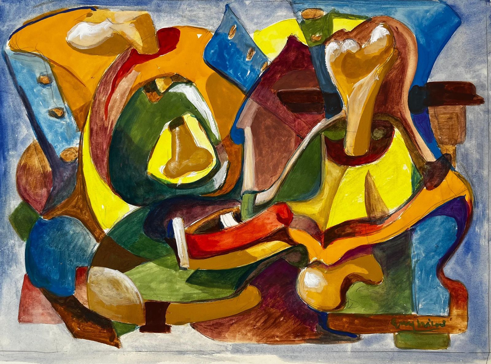 Abstract Composition In Yellow And Blue French Modernist Gouache By Guy Nicod
