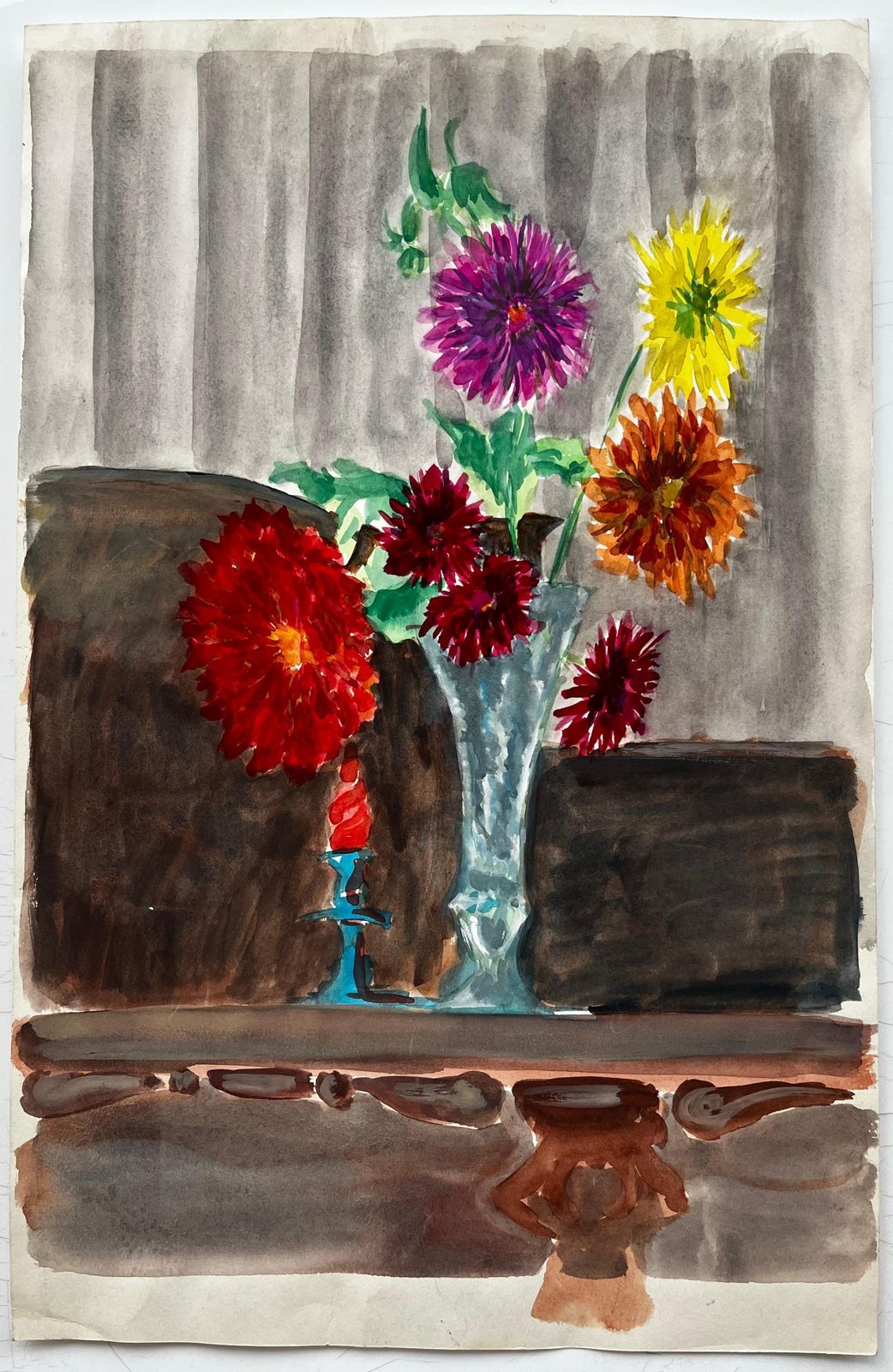 Guy Nicodstill Life With Dahlias In A Glass Vase French Modernist Watercolour Gouache photo furniture