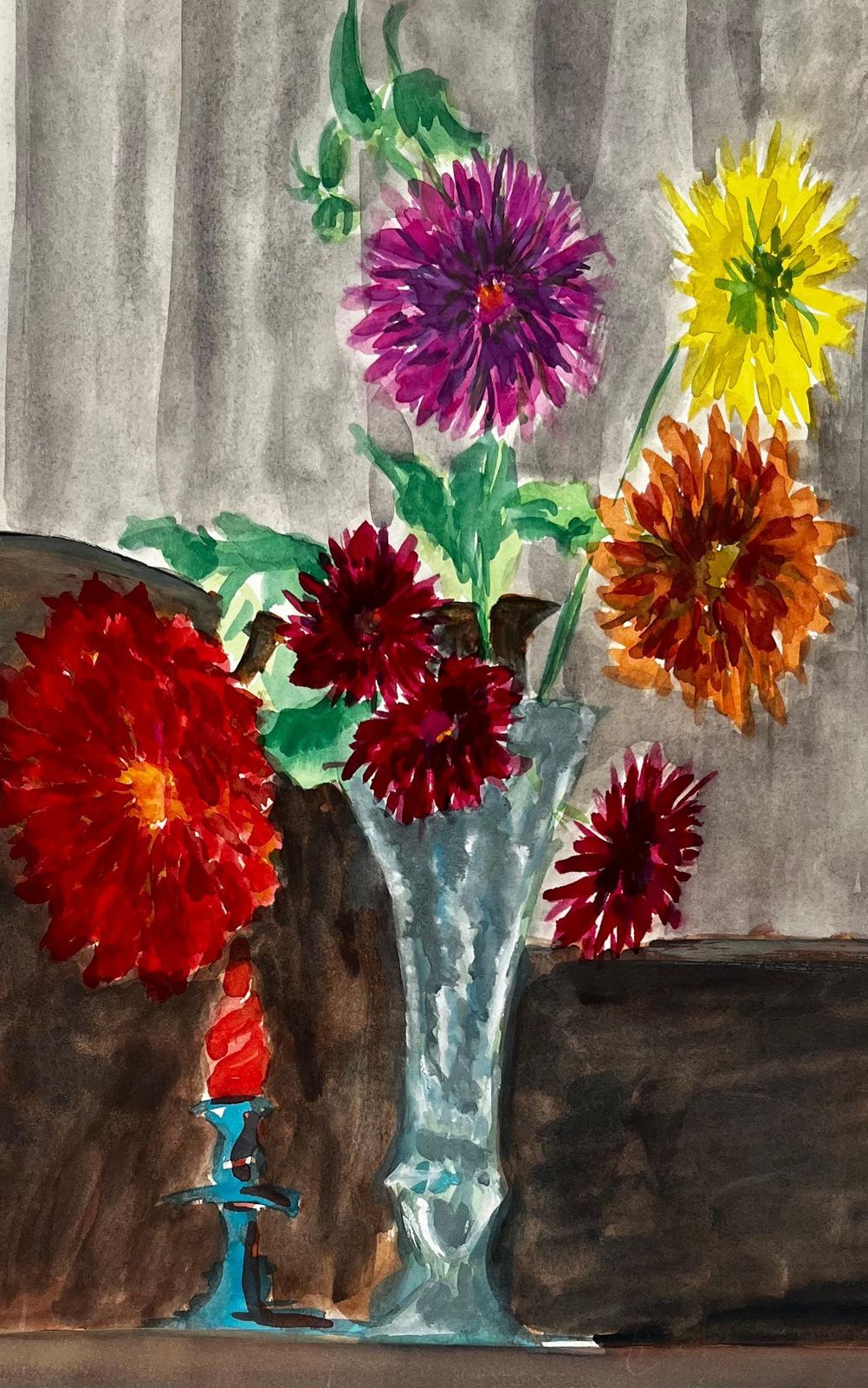 Guy Nicodstill Life With Dahlias In A Glass Vase French Modernist Watercolour Gouache photo buy