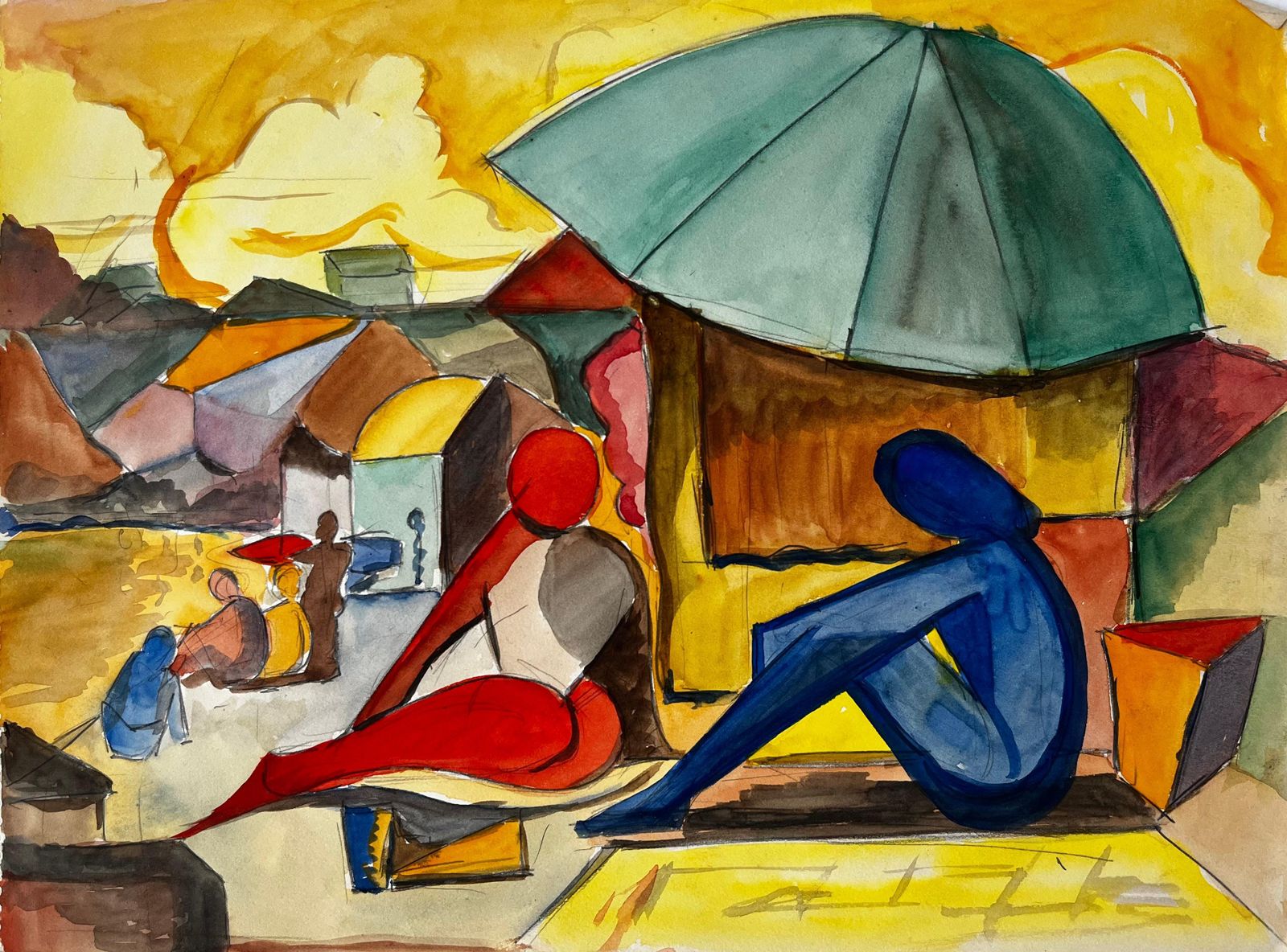 Guy Nicodfigures Under A Parasol French Modernist Market Scene Watercolour Gouache