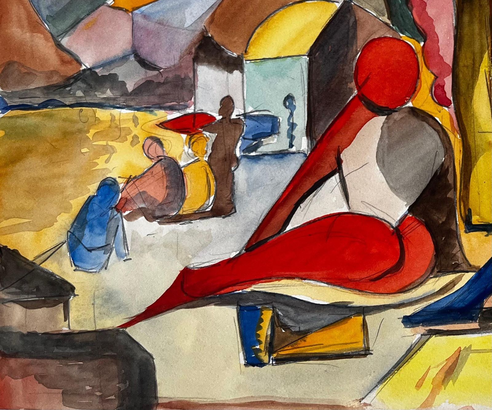 Guy Nicodfigures Under A Parasol French Modernist Market Scene Watercolour Gouache photo vinterior