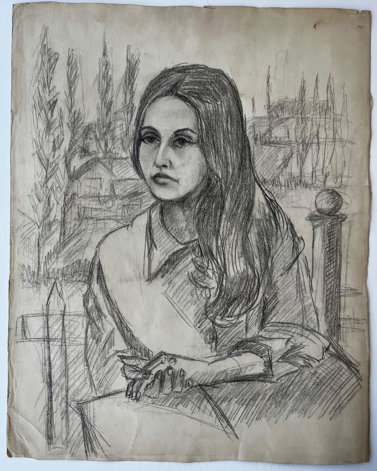 Portrait Of A Young Woman French Modernist Graphite Drawing By Guy Nicod photo furniture