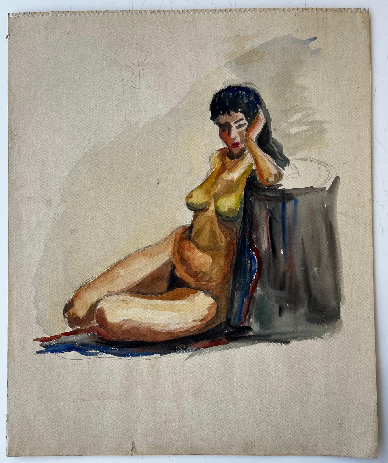 Seated Female Nude Study French Modernist Gouache On Paper By Guy Nicod photo furniture