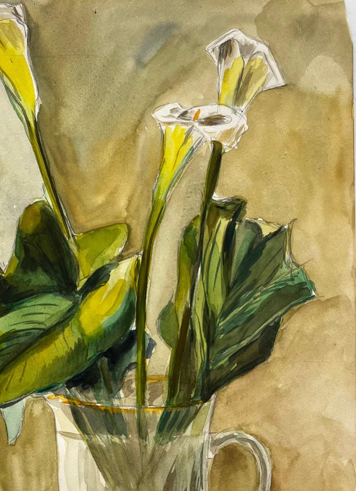 Guy Nicodstill Life With Calla Lilies And Ceramic Vase French Modernist Gouache photo for sale