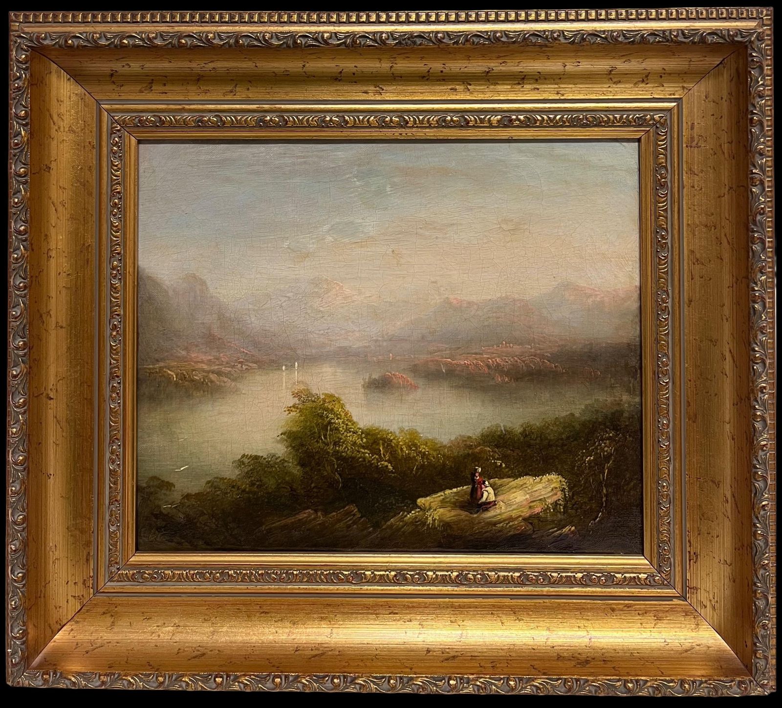 Early Victorian Scottish Highlands Loch Landscape Figures Admiring View 19th Oil