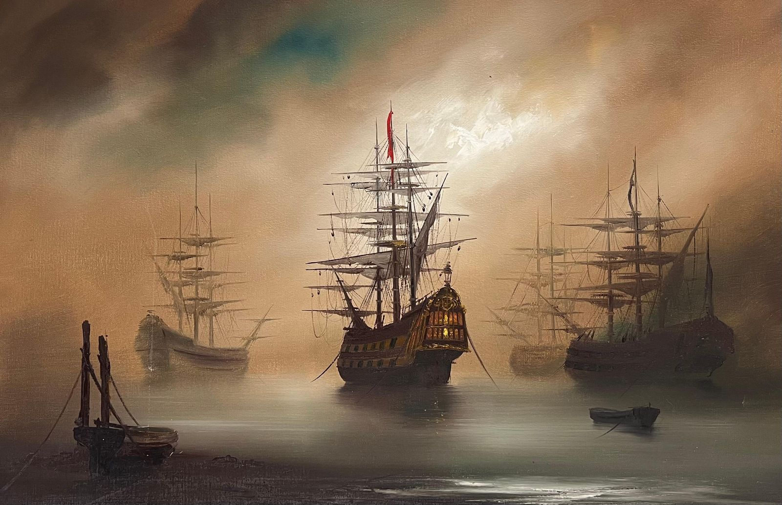 Hiltontraditional English Maritime Oil Painting Misty Harbour Tall Ships Anchored Dusk photo furniture