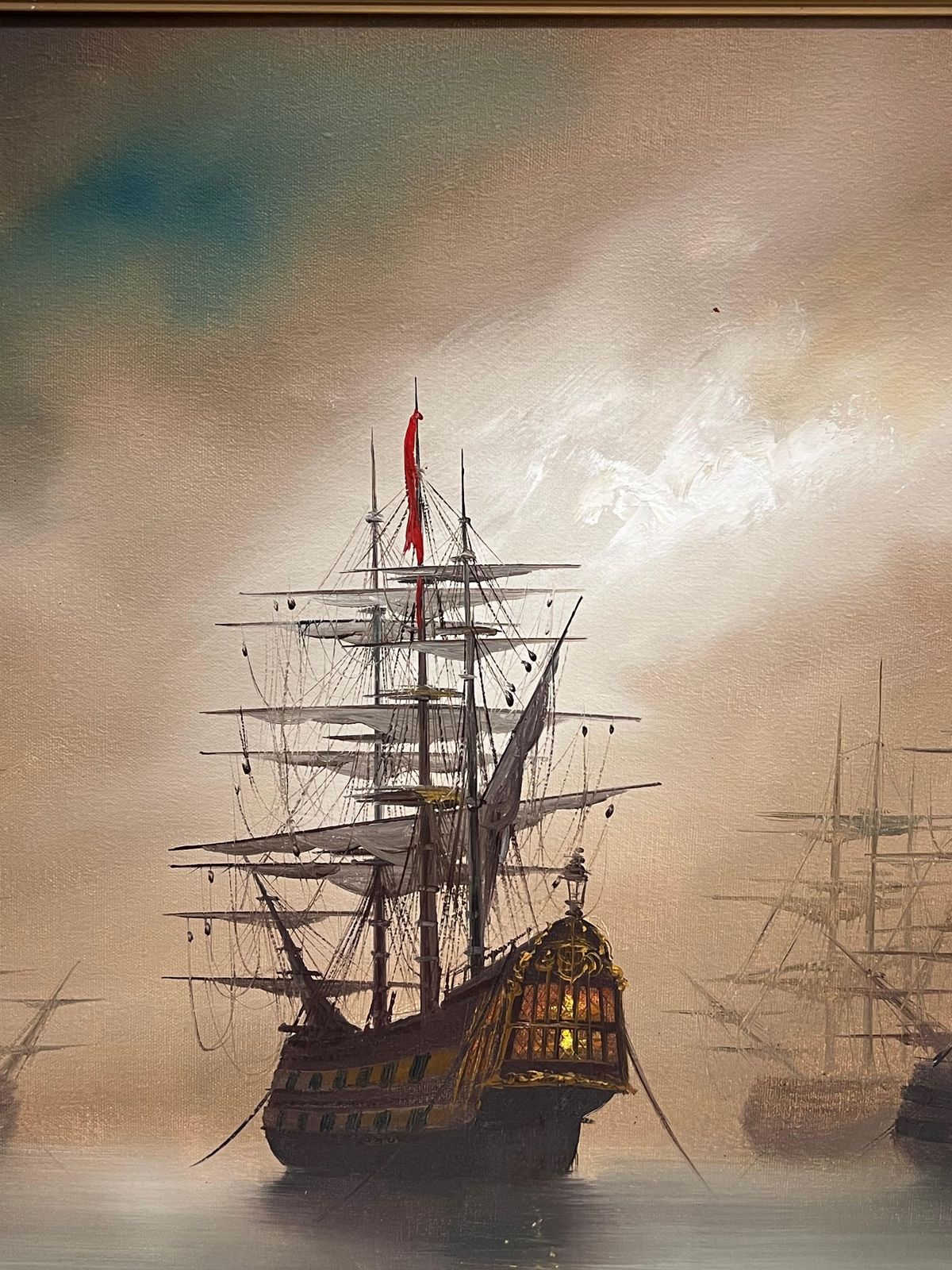 photo for sale Hiltontraditional English Maritime Oil Painting Misty Harbour Tall Ships Anchored Dusk