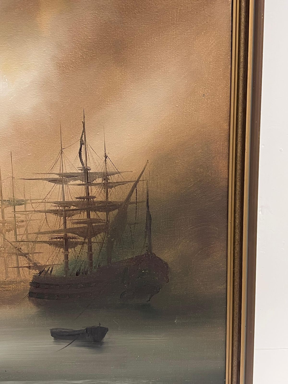 Art Hiltontraditional English Maritime Oil Painting Misty Harbour Tall Ships Anchored Dusk photo