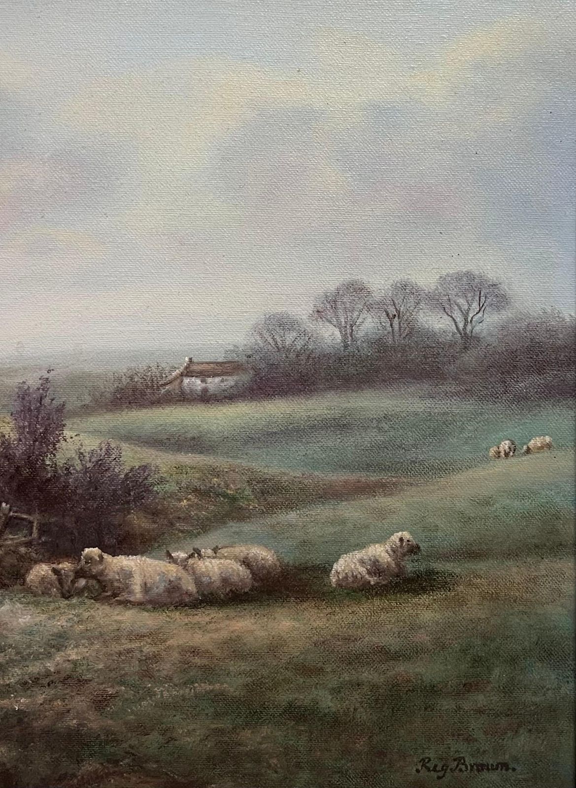 Reg Browntraditional English Rural Pastoral Tranquil Sheep In Meadows Signed Oil Painting photo buy