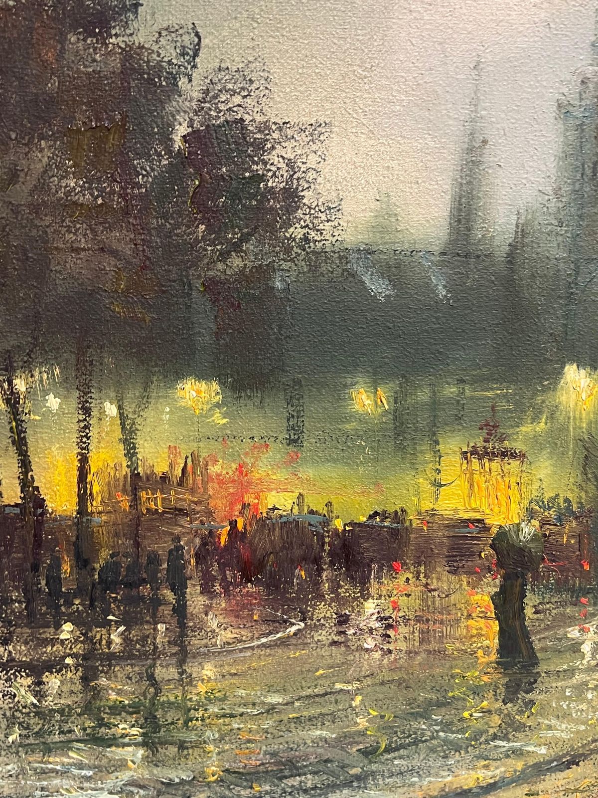 photo for sale John Bampfieldfine Large British Impressionist Signed Oil Painting Twilight City Street Scene
