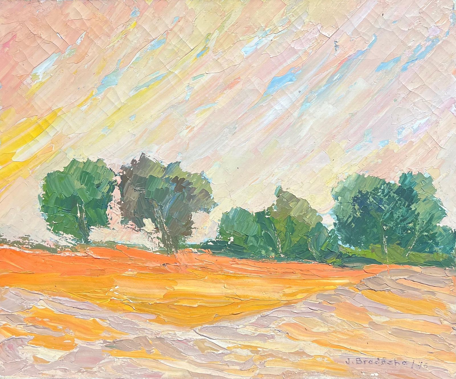 French School1970's Colorful Abstract Orange Field Landscape With Trees Textured Oil Painting1970's