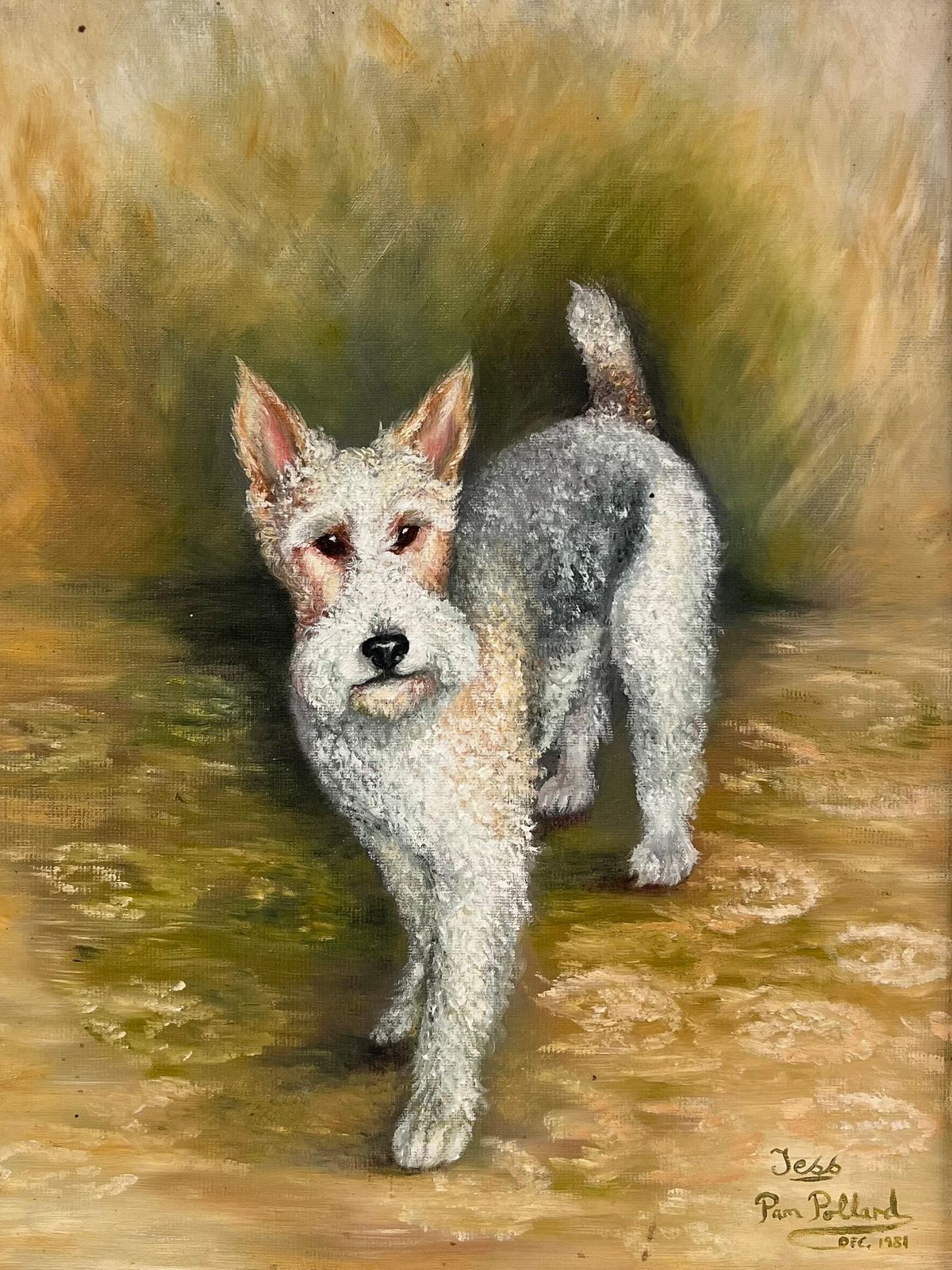 Pam Pollardvintage English Signed Oil Painting Fox Terrier Dog Portrait1981 photo furniture