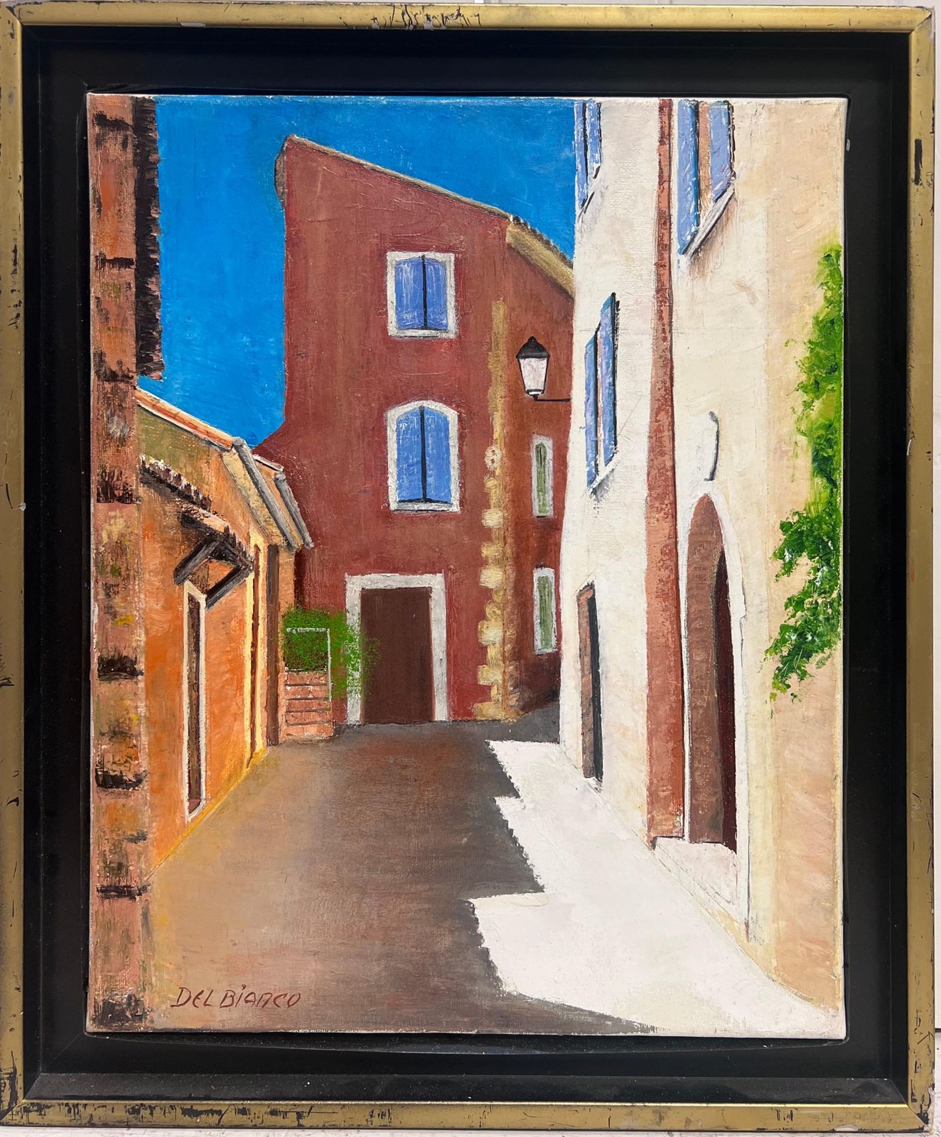Del Biancovintage Spanish Signed Oil Painting Old Town Back Streets Dappled Light