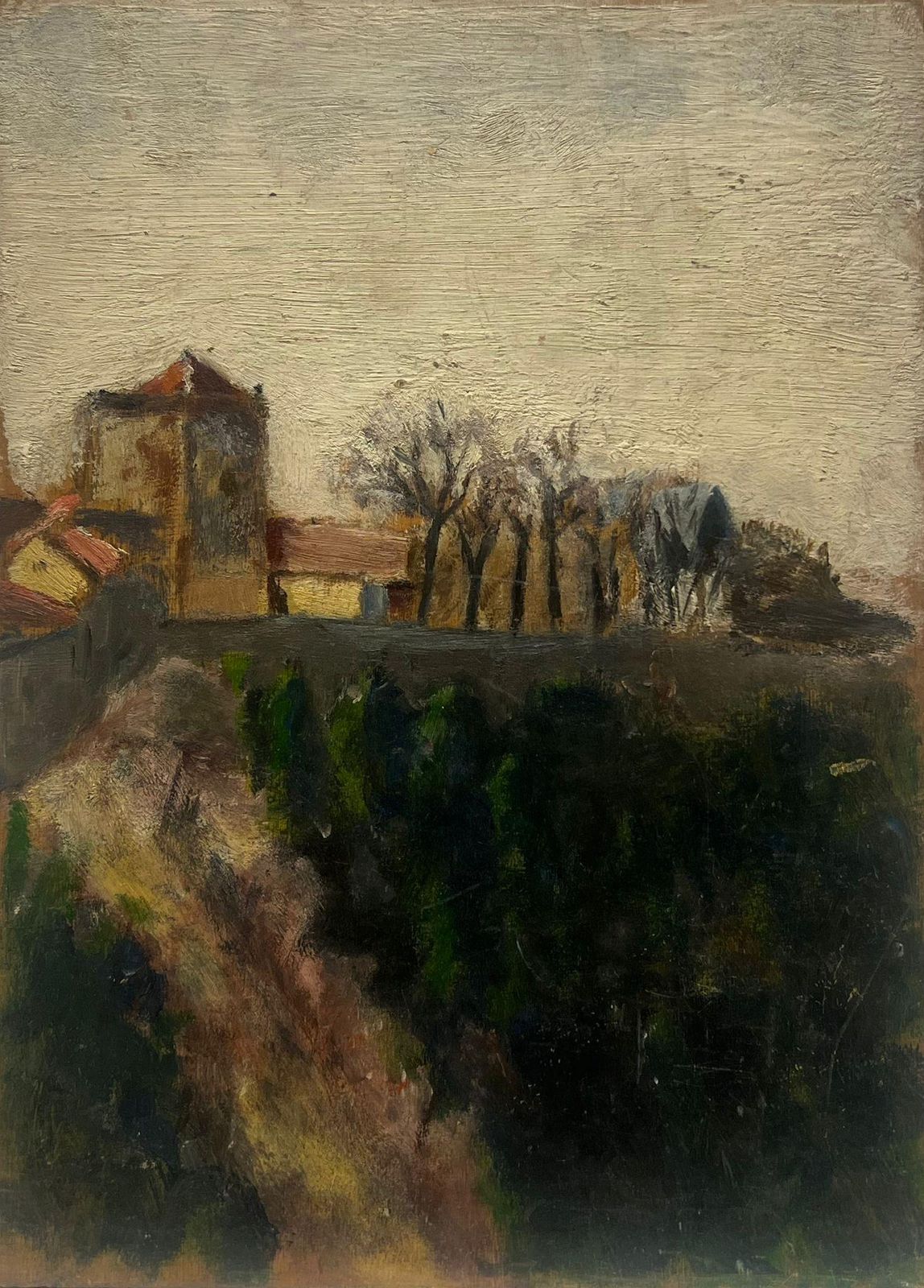 Jean Dreyfus Stern (1890 1972)quiet Village Shadows Moody Landscape Trees Building 1930's French Oil Paintingmid 20th Century
