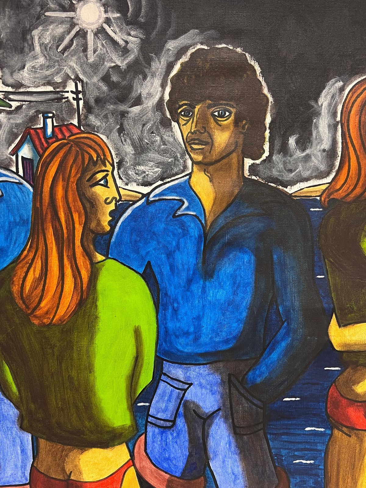 J. J. Polverellihuge French Modernist Signed Oil Painting Figures Outside Town At Night1989 photo Art