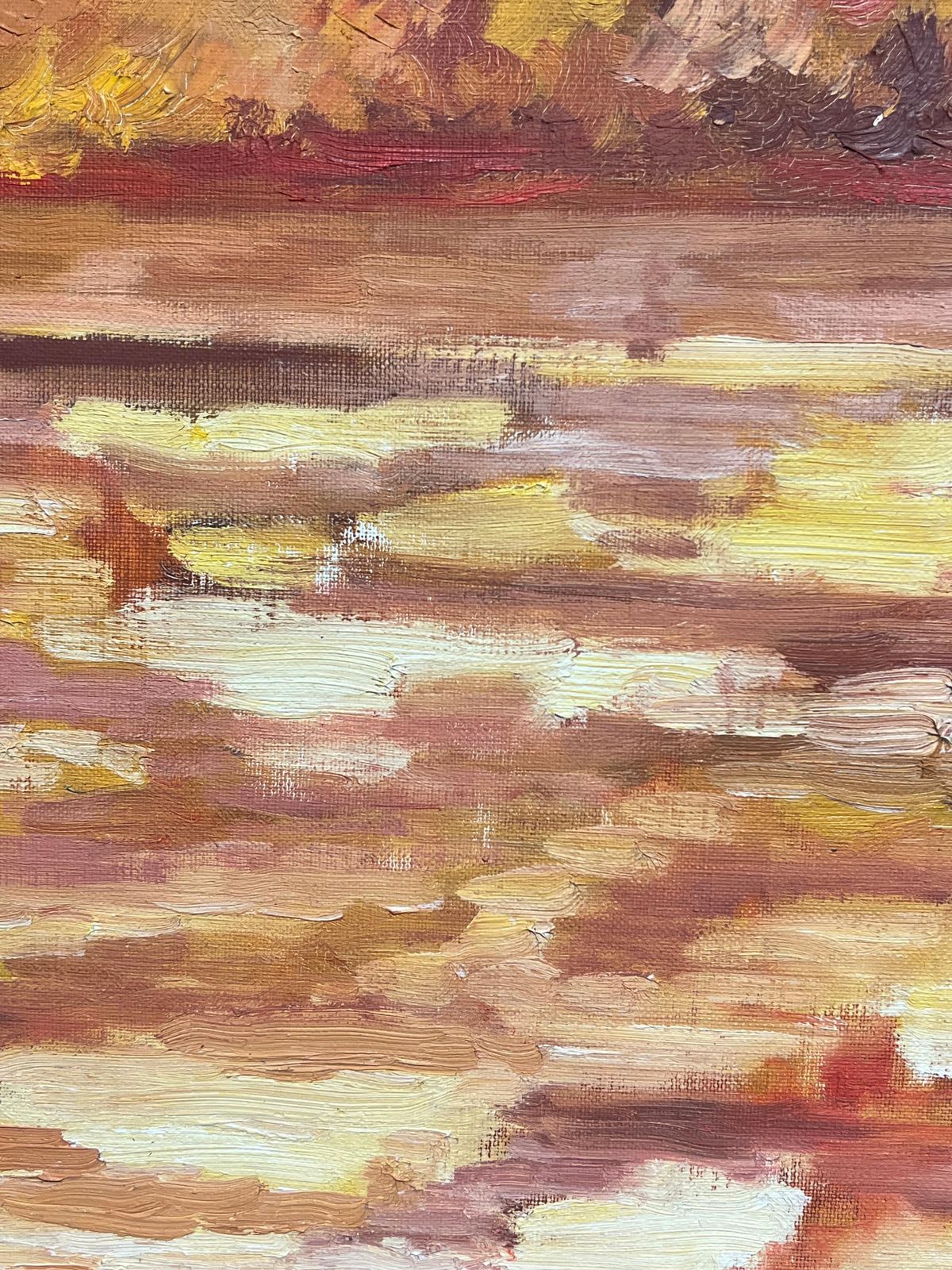 French Schoolvibrant Sunset Over Water Red Orange Yellow Impressionist Oil Painting 1970's1970's photo vinterior