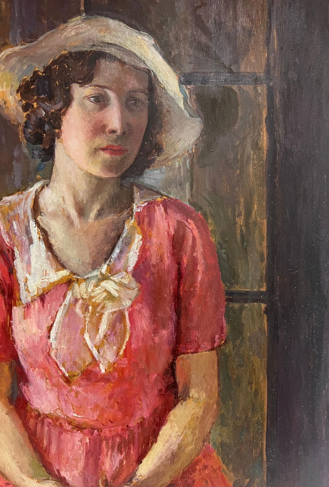1930's British Very Large 1930's English Oil Painting Wood Panel Portrait Of Country Lady Pink1930's photo 1693.0