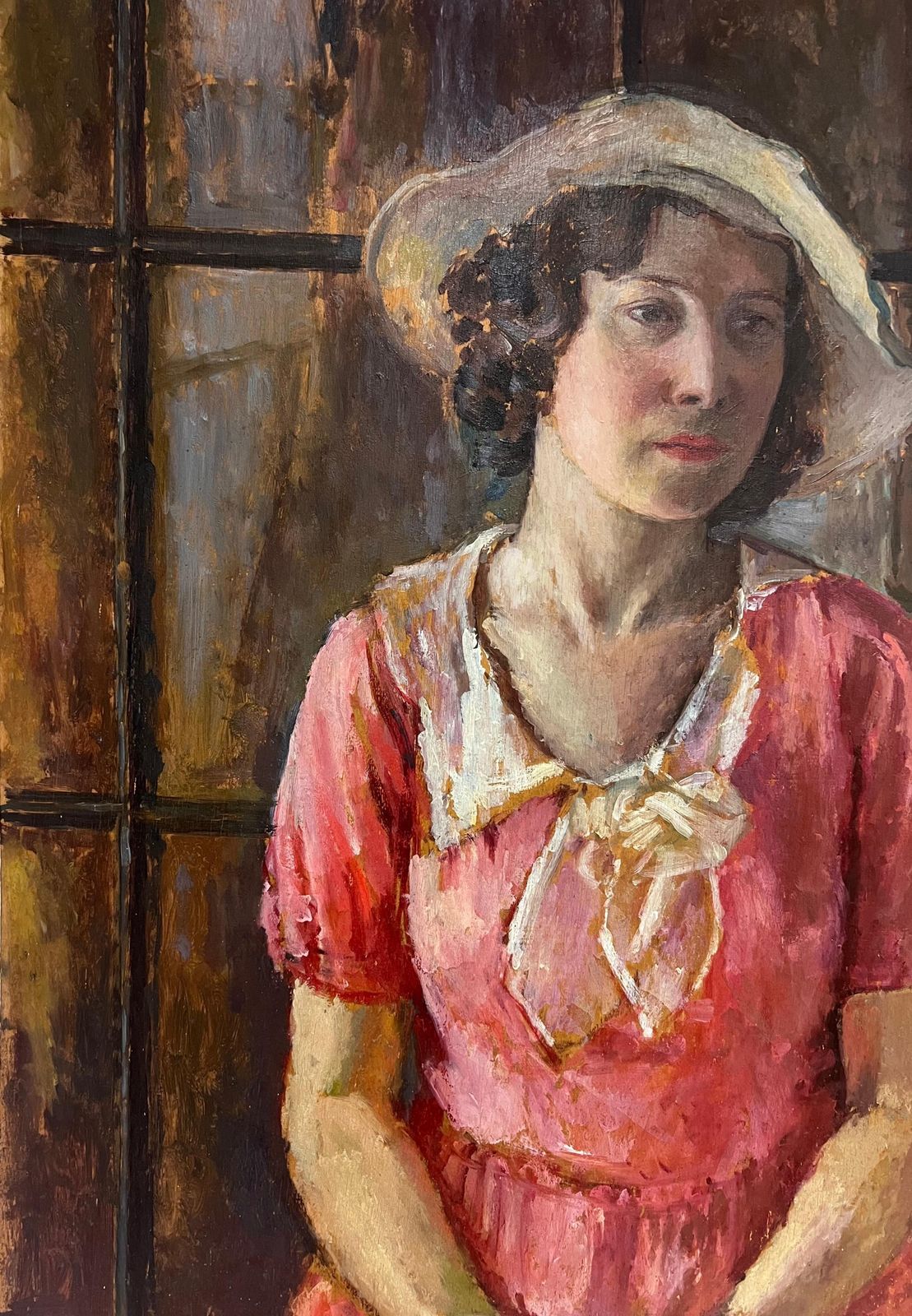 1930's British Very Large 1930's English Oil Painting Wood Panel Portrait Of Country Lady Pink1930's photo vinterior