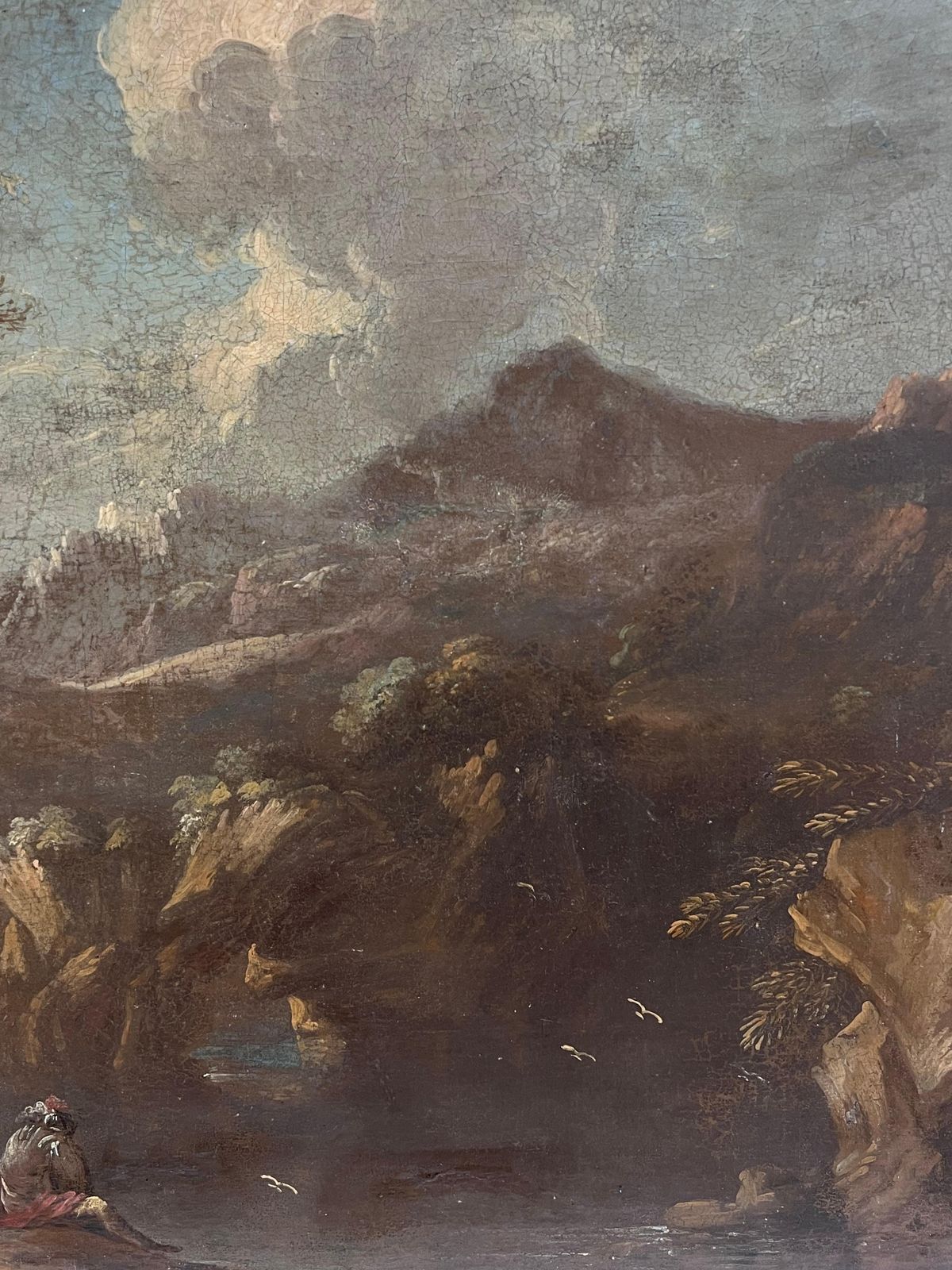 Fine 17th Century German Old Master Oil Painting Figures Rocky Gorge Landscape photo for sale