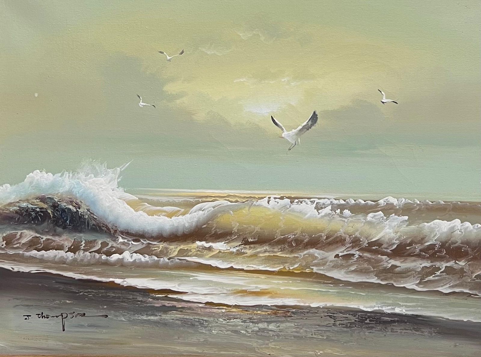 English Impressionistenglish Impressionist Signed Oil Painting Seagull Flying Rolling Sunset Waves photo furniture