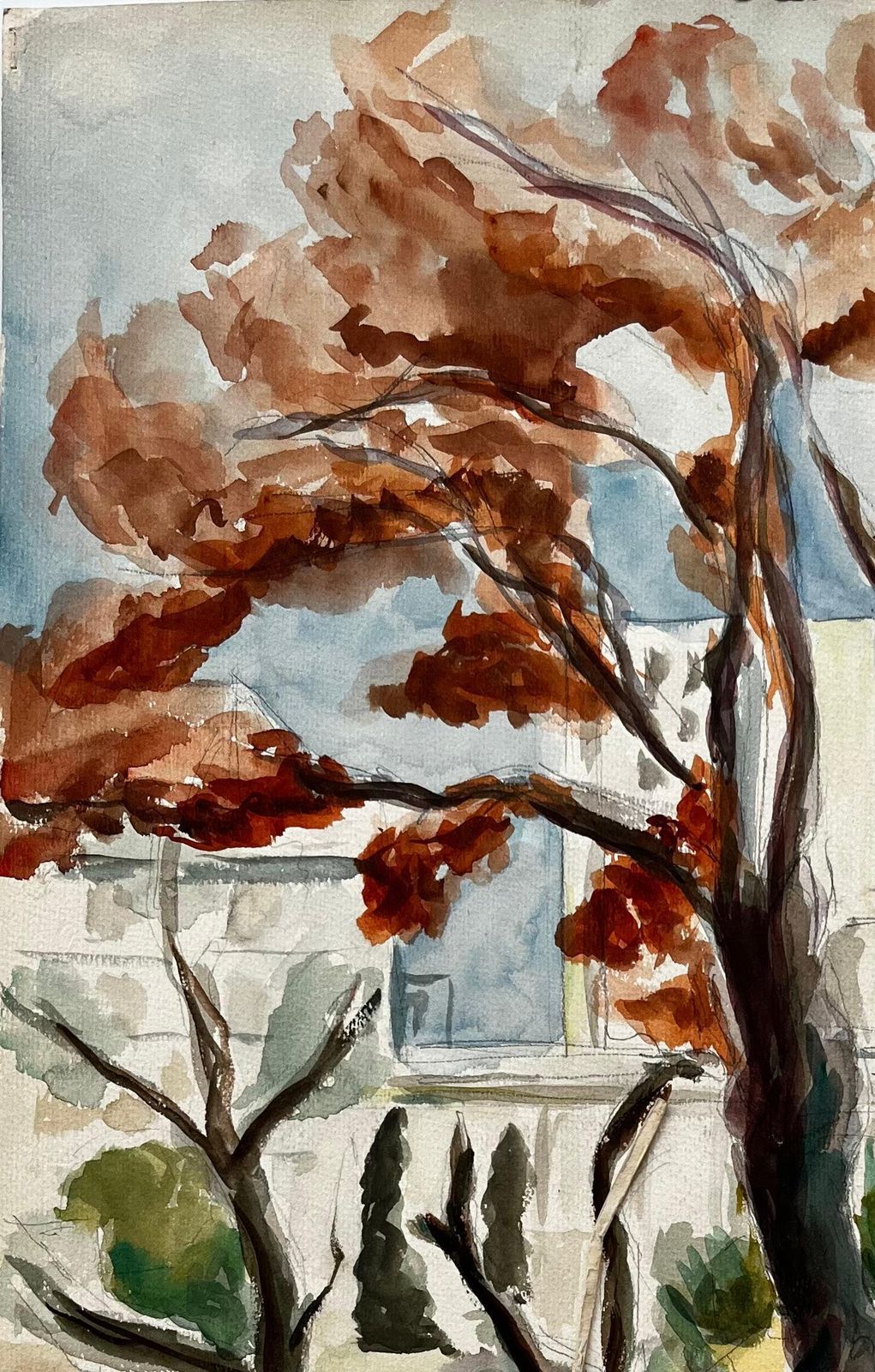 Guy Nicodautumn Trees In French Villa Garden Modernist Watercolour Landscape photo 520.0