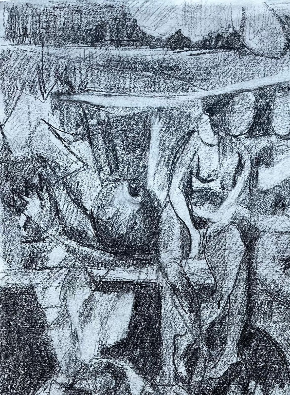 Guy Nicodmodernist Figurative Study With Seated Figures French Charcoal Drawing photo for sale