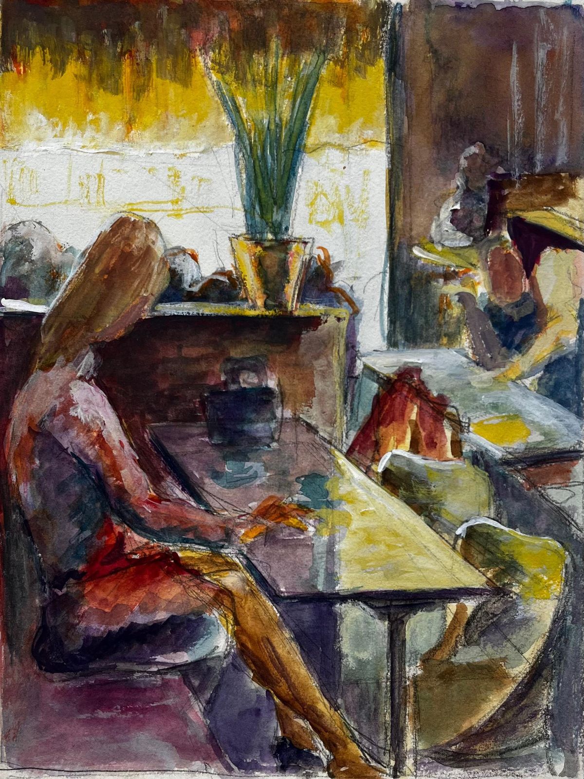 Guy Nicodcafé Interior With Seated Figures French Modernist Gouache By Guy Nicod