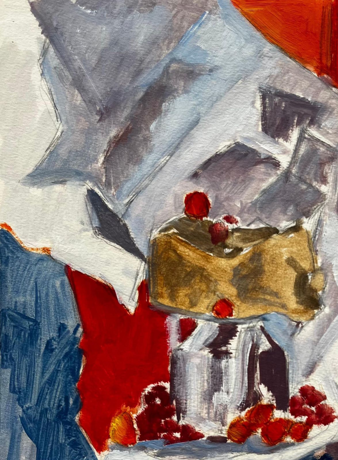 Guy Nicodmodernist Still Life With Wine Bottle Cake And Raspberries French Gouache photo 529.0