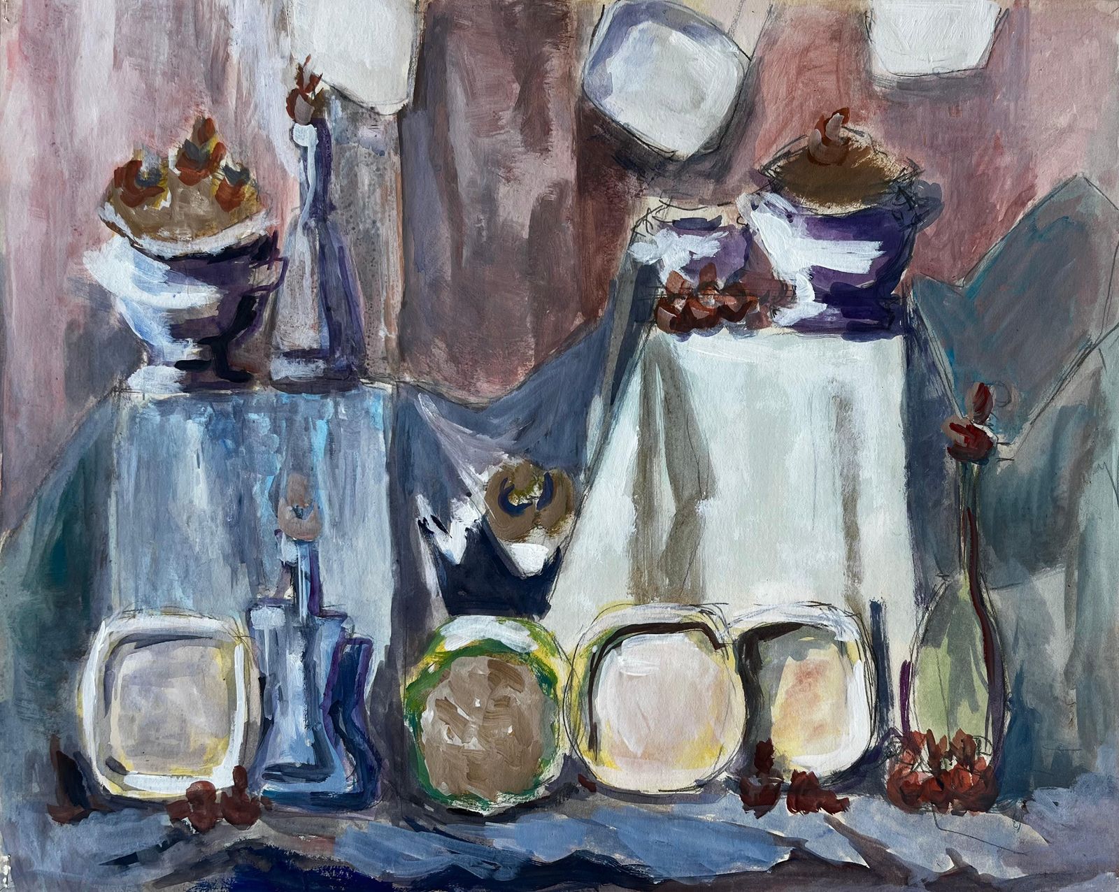 Guy Nicodmodernist Still Life With Bowls Bottles And Fruit French Gouache Painting