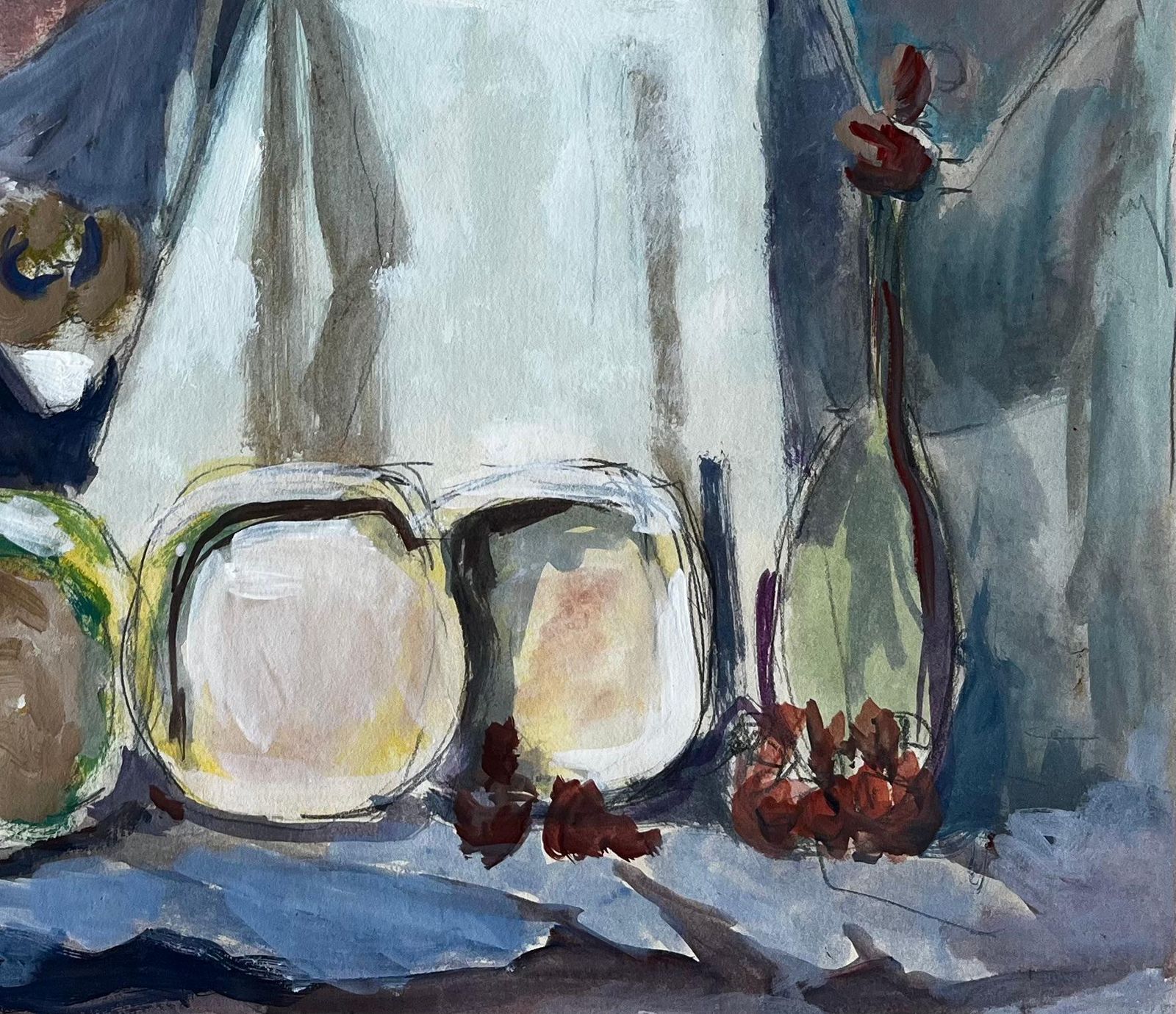 Guy Nicodmodernist Still Life With Bowls Bottles And Fruit French Gouache Painting photo for sale