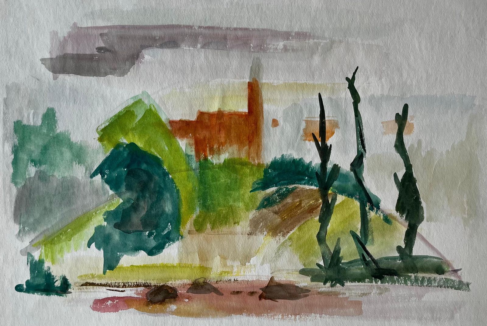 Guy Nicodabstracted Hilltop Village With Cypress French Modernist Gouache By Guy Nicod