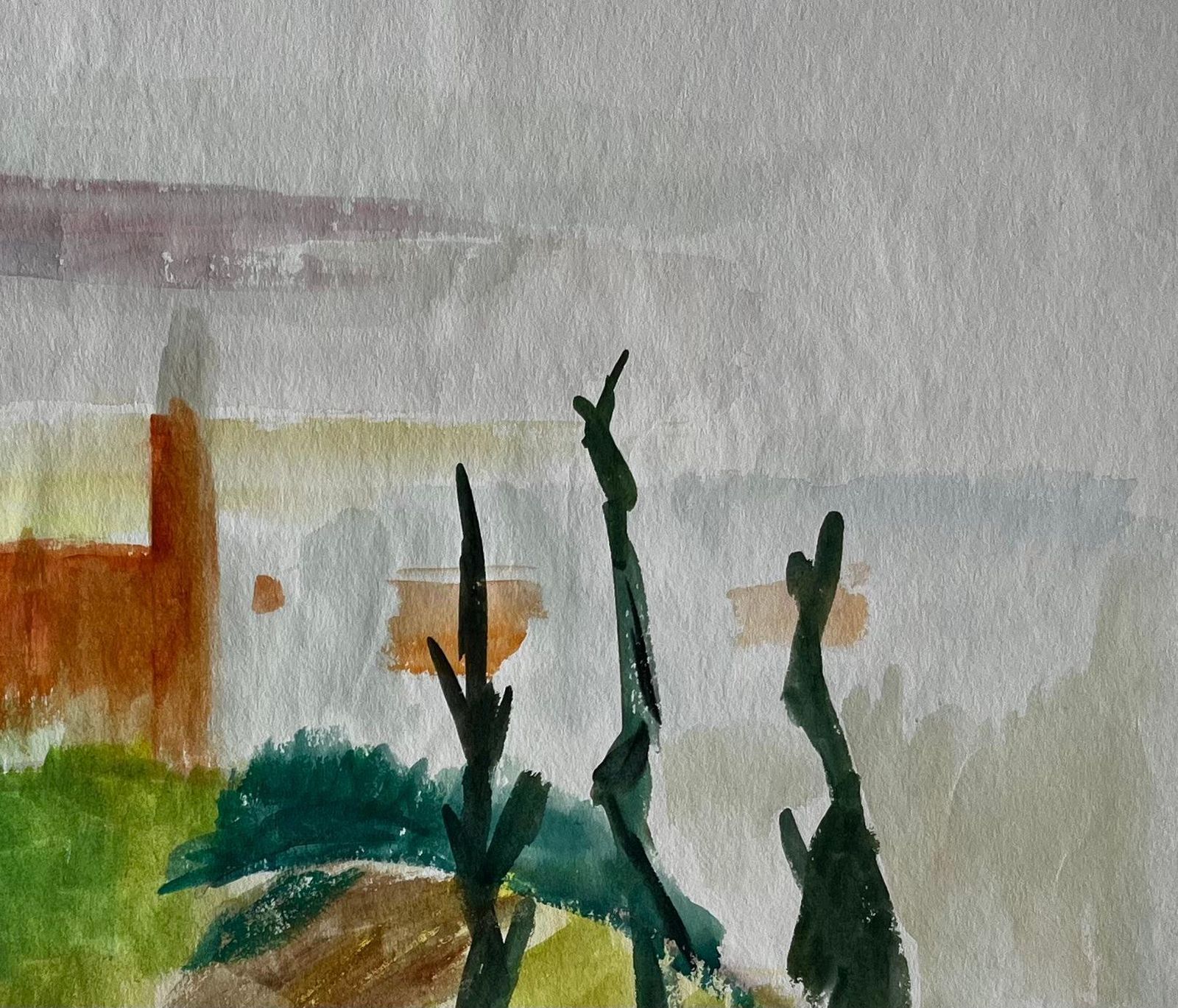 Guy Nicodabstracted Hilltop Village With Cypress French Modernist Gouache By Guy Nicod photo Art