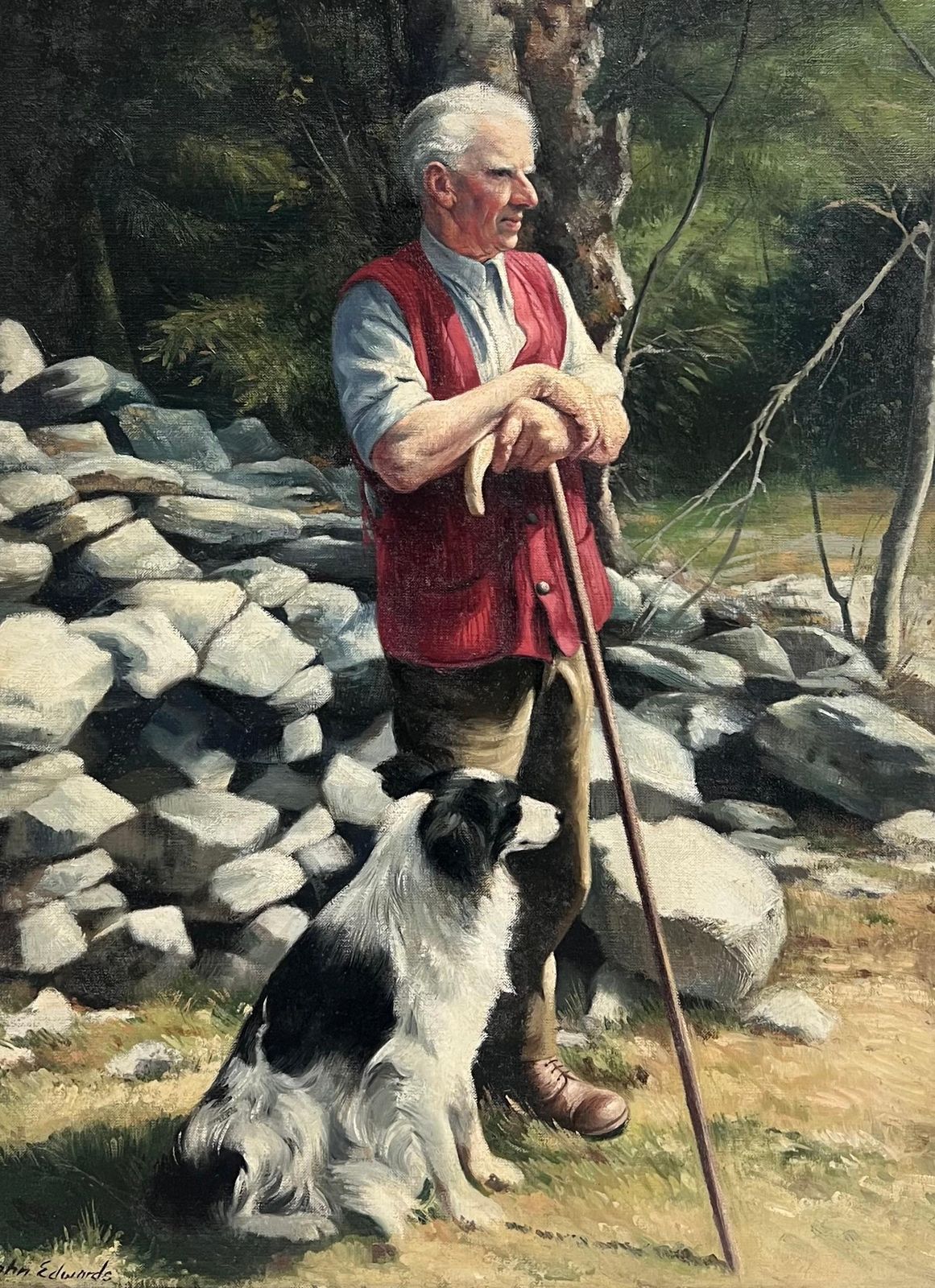 John Edwardsthe Shepherd With Border Collie Dog Traditional Rural English Life Oil Portrait photo furniture