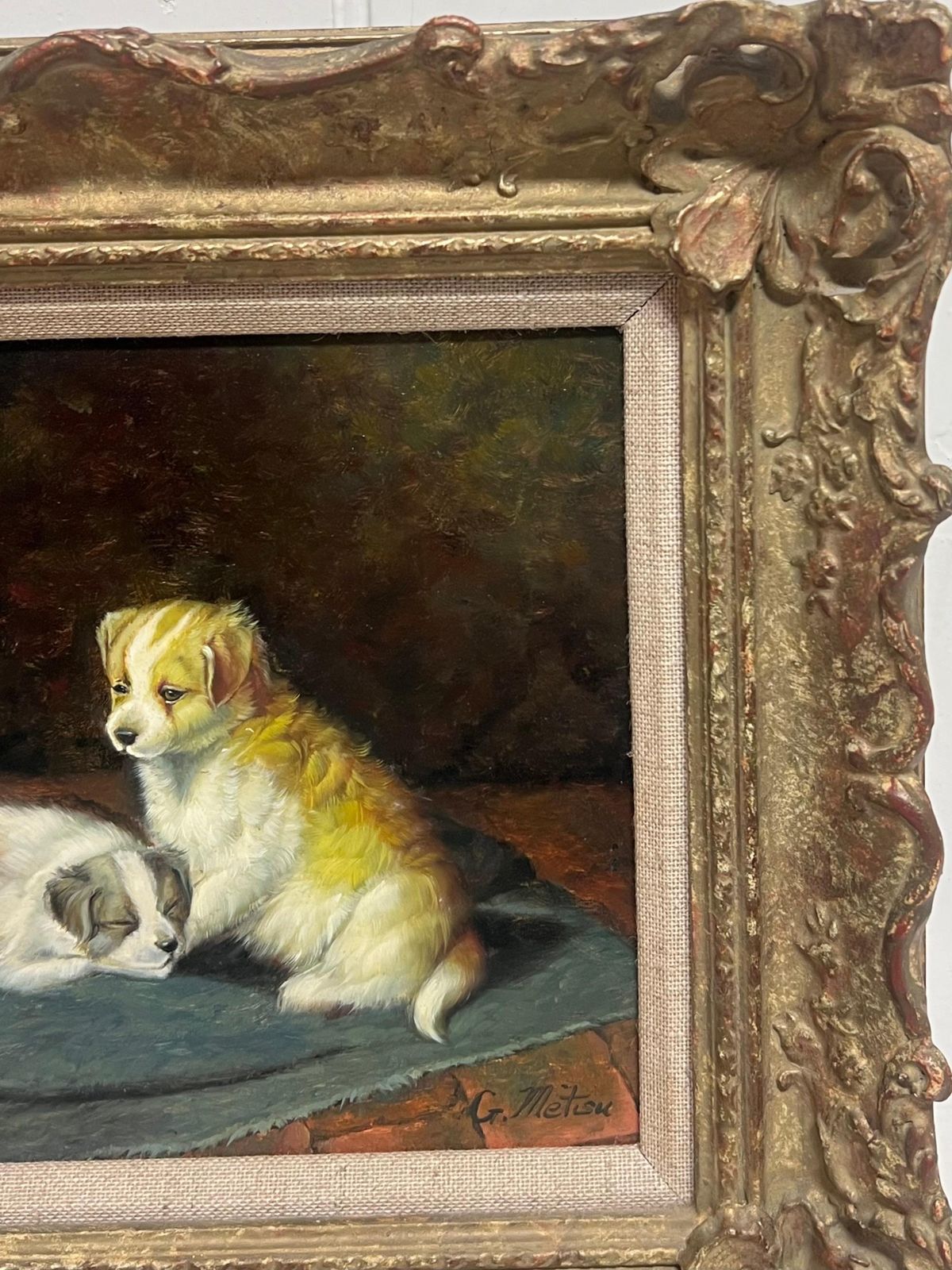 Continental Schoolportrait Of Two Puppies In Interior Room Setting Signed Oil Painting photo 912.0