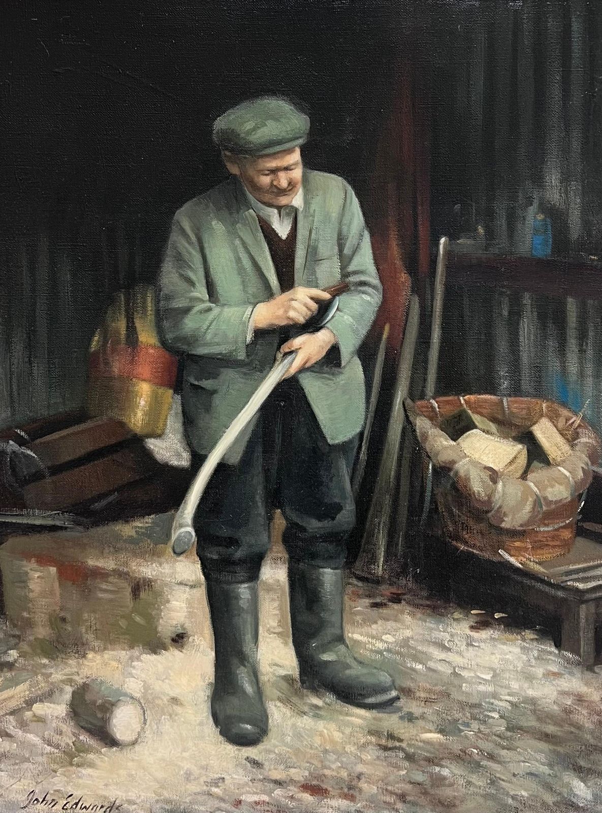 John Edwardsthe Log Cutter Traditional English Rural Life Portrait Painting Signed Oil photo furniture