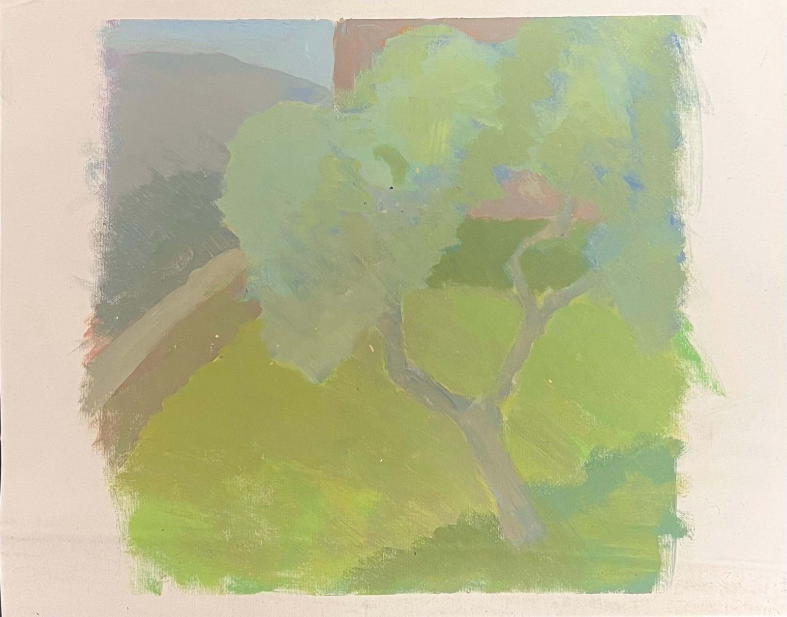 French School French Modernist Oil Painting Green Tonal Landscape With Pink House photo furniture