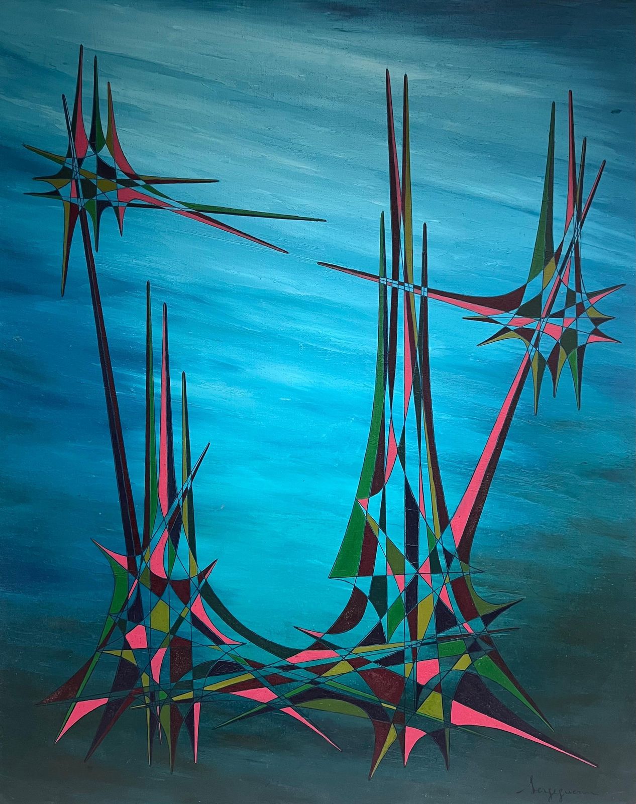 Serge Guerin (1916)20th Century French Geometric Abstract Surrealist Composition Large Oil Painting photo furniture