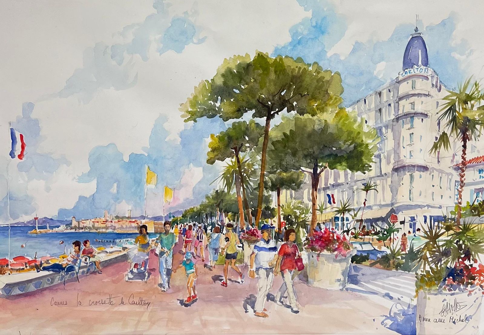 French Impressionistla Croissette Cannes Carlton Hotel Busy Beach & Figures Signed Original Painting