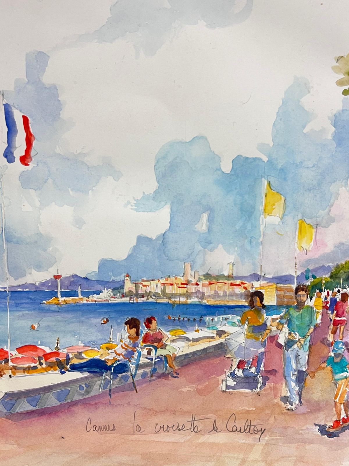 French Impressionistla Croissette Cannes Carlton Hotel Busy Beach & Figures Signed Original Painting photo for sale