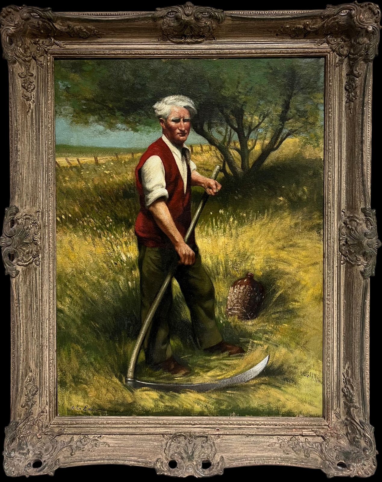 John Edwardstraditional Rural English Signed Oil Painting Hay Cutting Portrait With Scythe