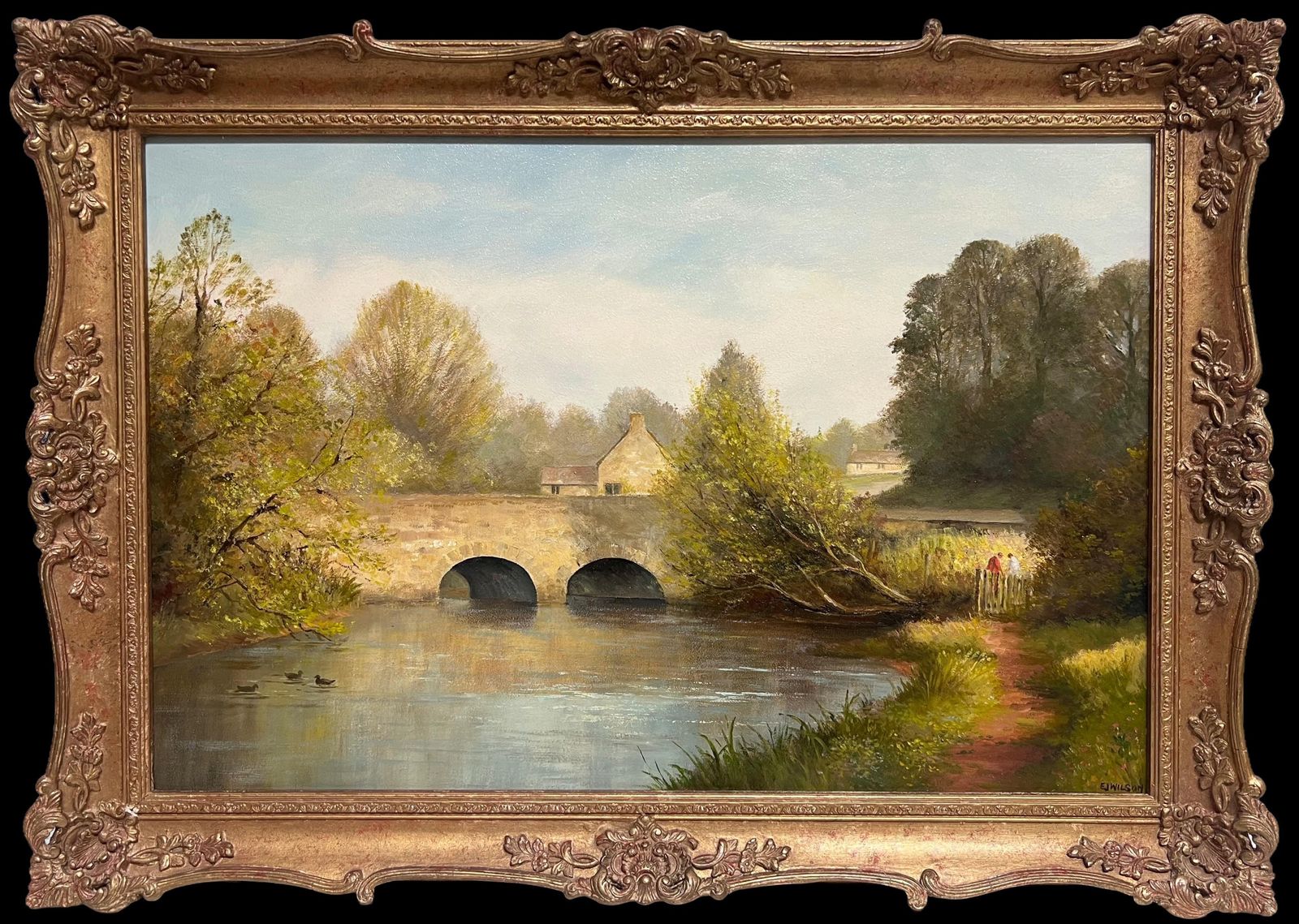 E. J. Wilsonlarge Traditional English Rural Oil Painting River Landscape Old Stone Bridge