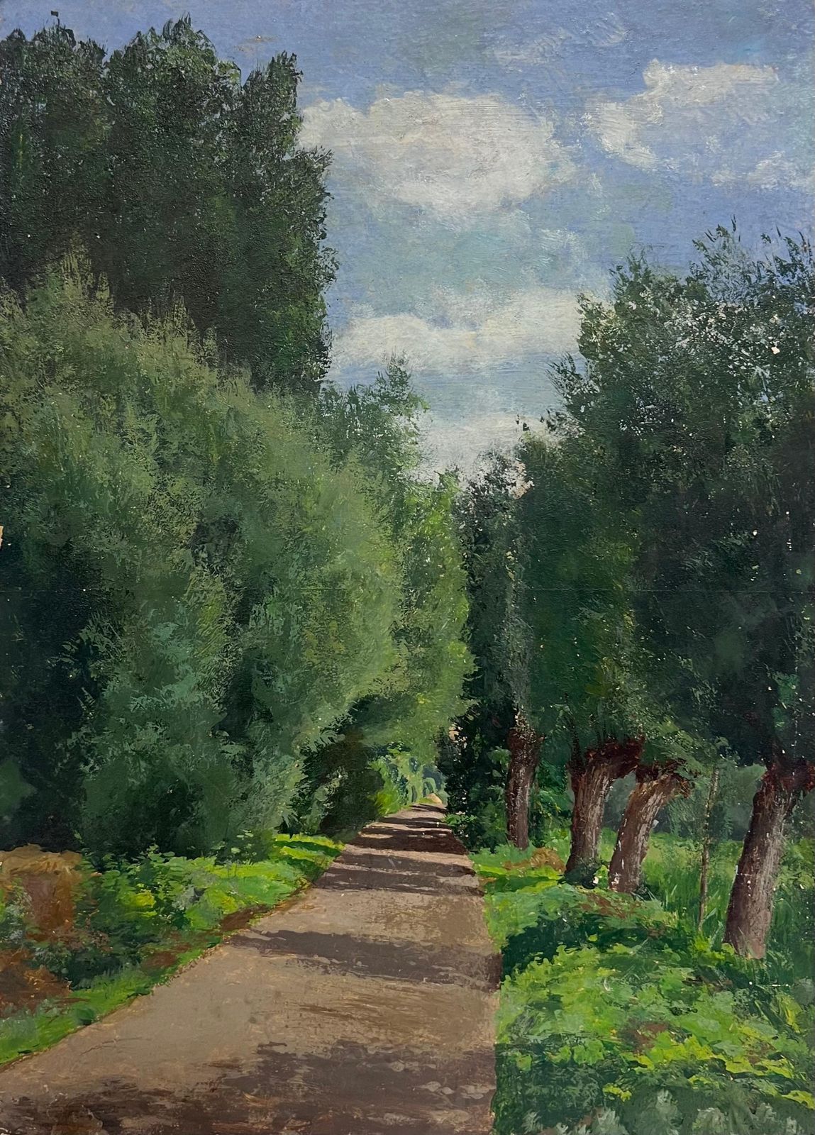 French School Antique French Impressionist Oil Woodland Avenue Trees Dappled Sunlight Path