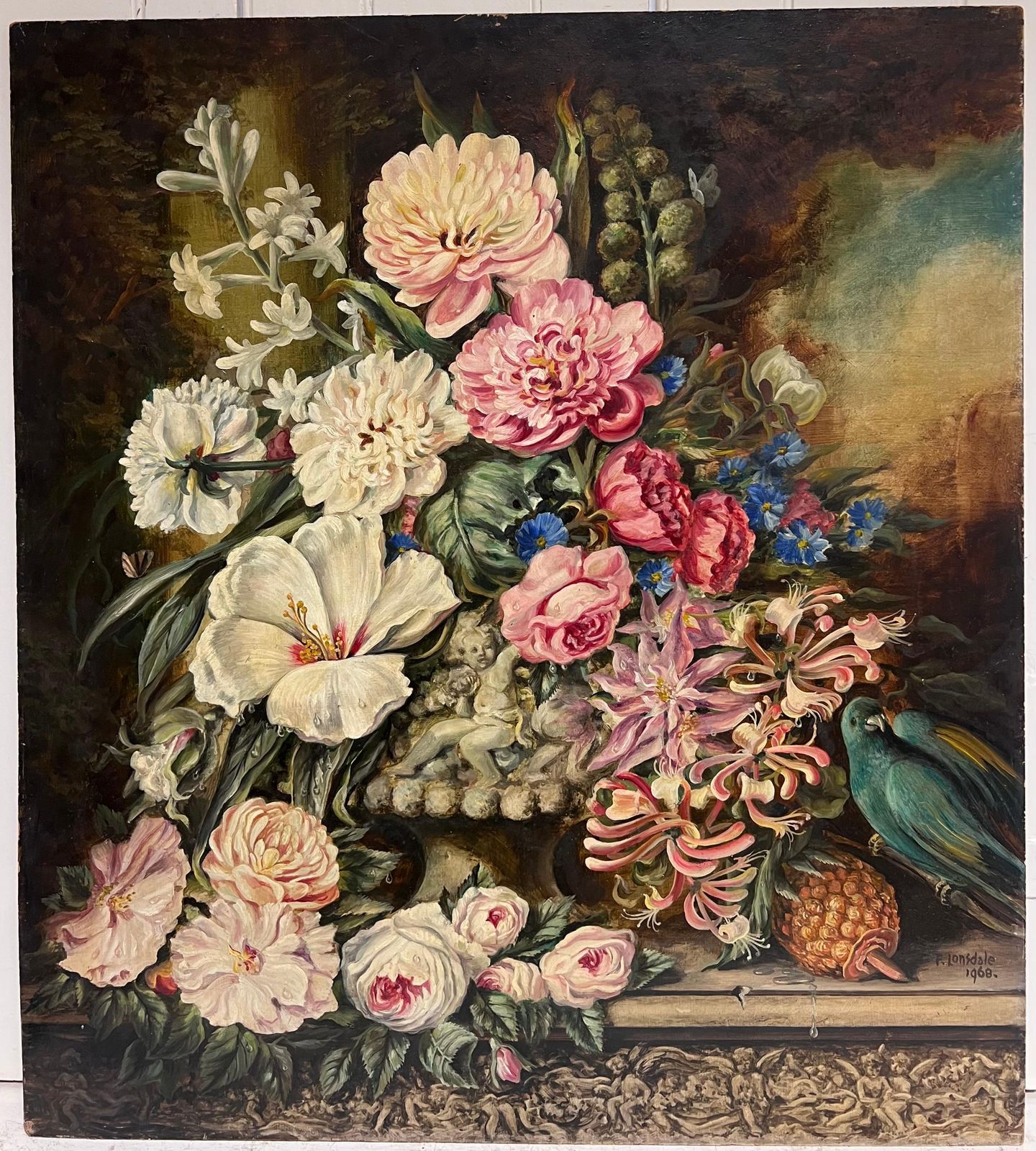 Antique Englishfine English Still Life Flowers Exotic Bird And Fruit Large Oil Painting Signed photo furniture