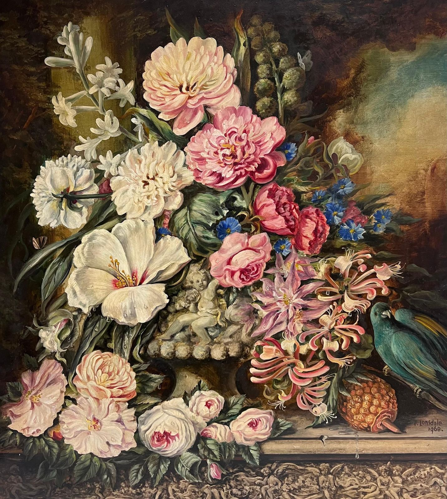 Art Antique Englishfine English Still Life Flowers Exotic Bird And Fruit Large Oil Painting Signed photo