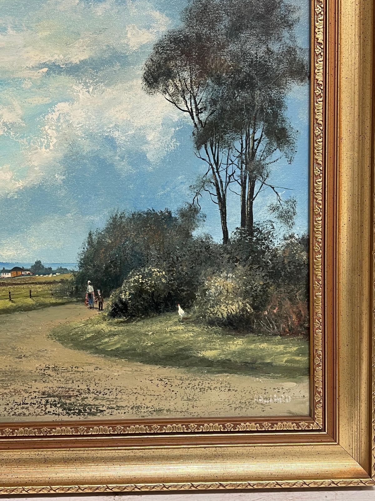 Nigel Hallard (1936 2020)large Traditional English Oil Rural Farm Landscape With Chickens House & Figures photo vintage