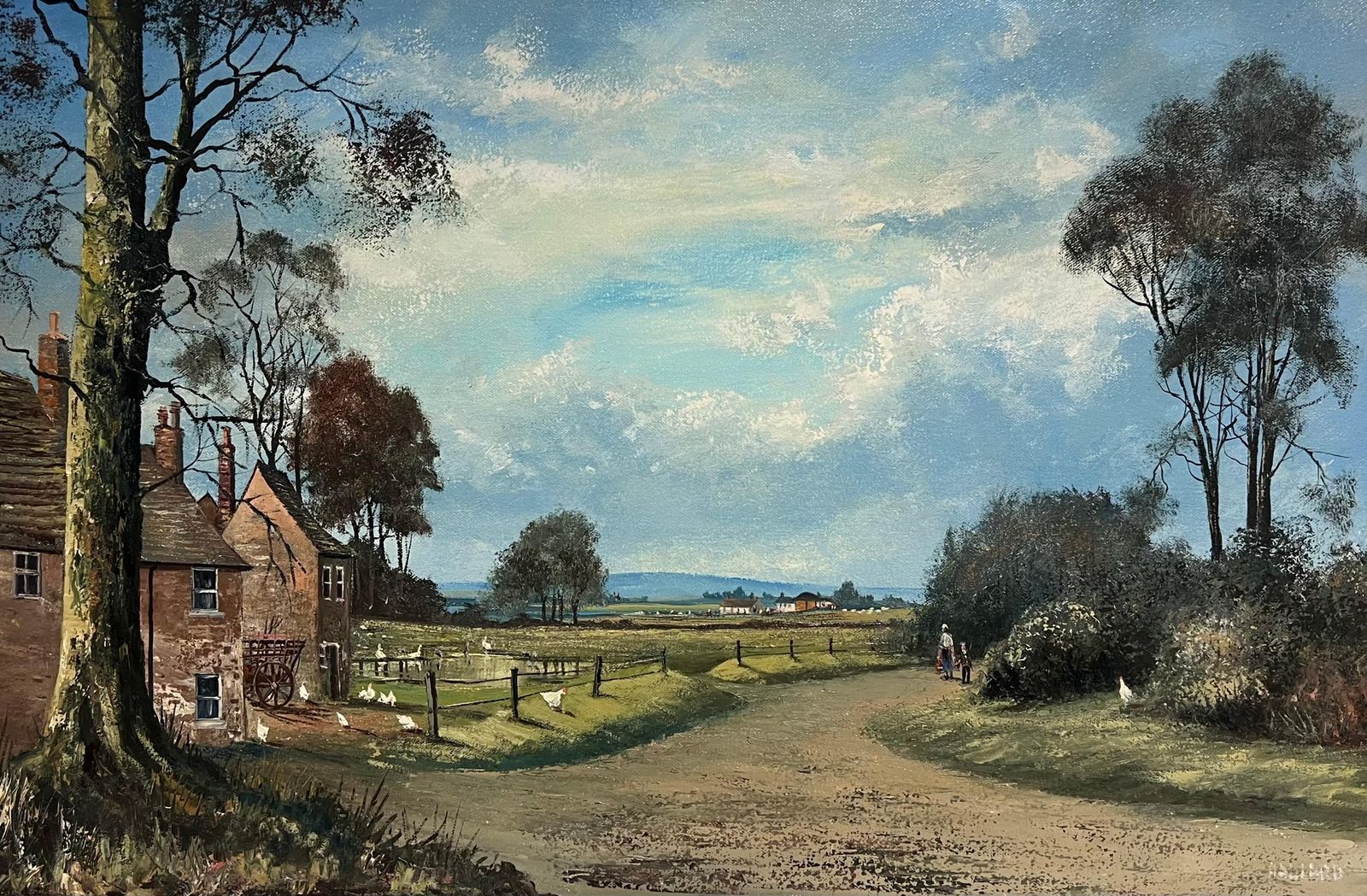 photo vinterior Nigel Hallard (1936 2020)large Traditional English Oil Rural Farm Landscape With Chickens House & Figures